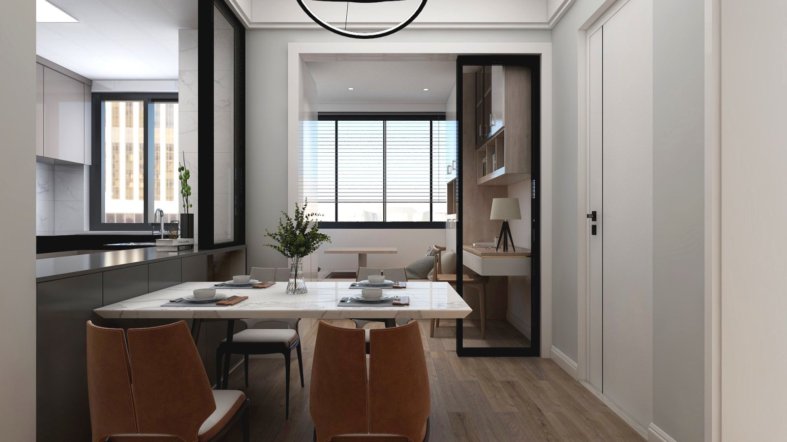 餐廳與廚房之間半通透設計，使空間看上去更加明亮寬敞